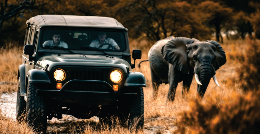 Transfer jeep from Nairobi to Masai Mara Hotels and an elephant in a natural setting
