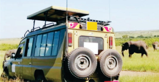 4x4 Land Cruiser Safari vehicle with elephants in a grassy field on safari game drives in Masai Mara, Kenya