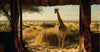 Giraffe standing in a savannah landscape viewed through curtains of a safari tent in Masai Mara.
