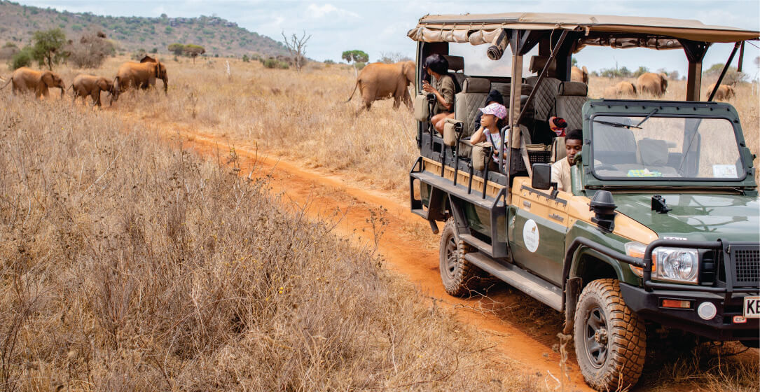 Open-sided safari jeep with tourists on dirt road with elephants in the background on Masai Mara budget camping safari vehicle hire