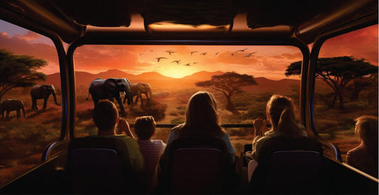 People in a safari vehicle observing elephants in a sunset savanna landscape.