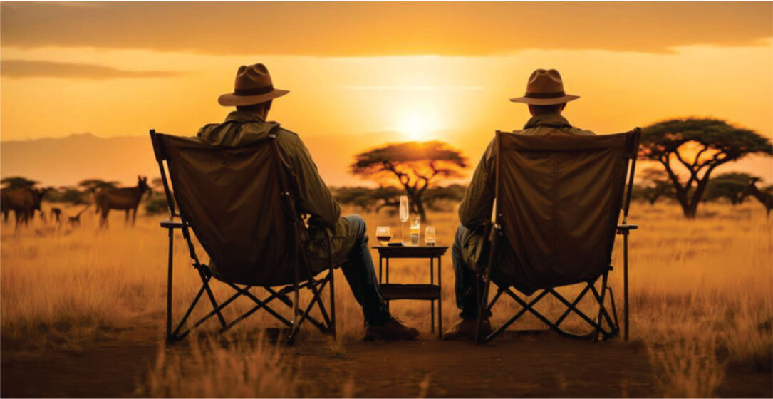 Two people in safari hats sitting in chairs watching a sunset in a savannah.