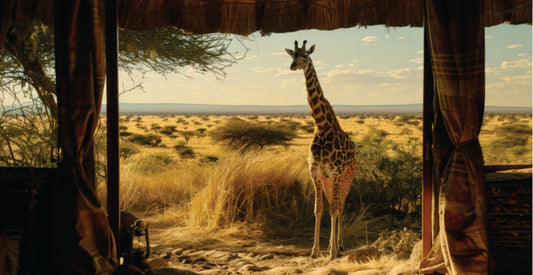 Giraffe standing in a savannah landscape viewed through curtains of a safari tent in Masai Mara.