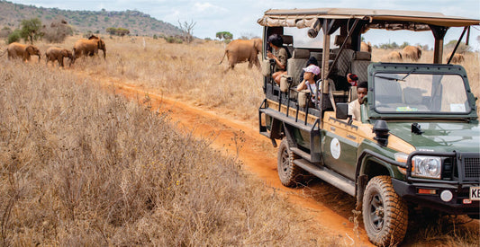 Open-sided safari jeep with tourists on dirt road with elephants in the background on Masai Mara budget camping safari vehicle hire