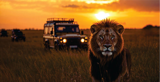 Lion standing in a grassy field with transfer safari vehicles in the background during sunset.