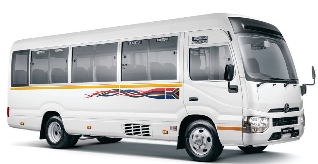 White Toyota Coaster Bus for Rental in Nairobi, Kenya, with a red and blue logo on a white background