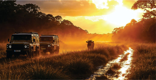 Two transfer safari jeeps on a dirt path with a cow in a misty forest at sunset.