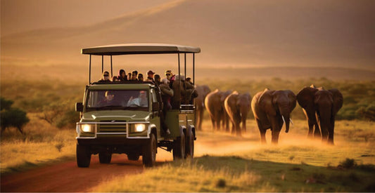 Group of visitors in a green open-sided safari jeep watching rhinos on hunting safari game drive in Masai Mara