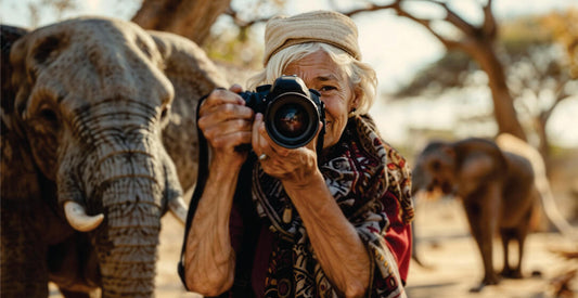 Woman taking a photo of an elephant with another elephant in the background on family safari game drive packages in Kenya